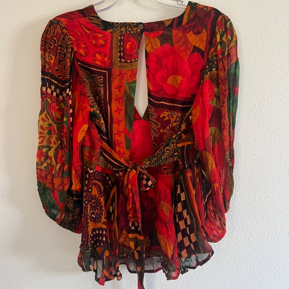 NWT Farm Rio x Anthropologie Lined Blouse Size M Red V Neck Tie Beaded Tassels - Picture 11 of 12